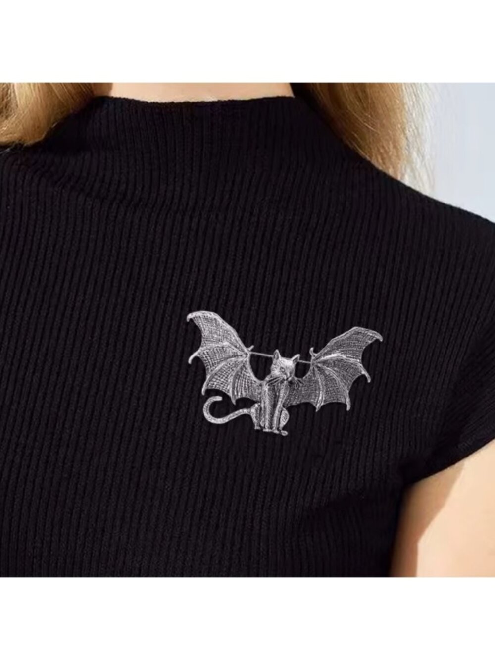 Vintage Wings Bat Cat Silver Brooch
